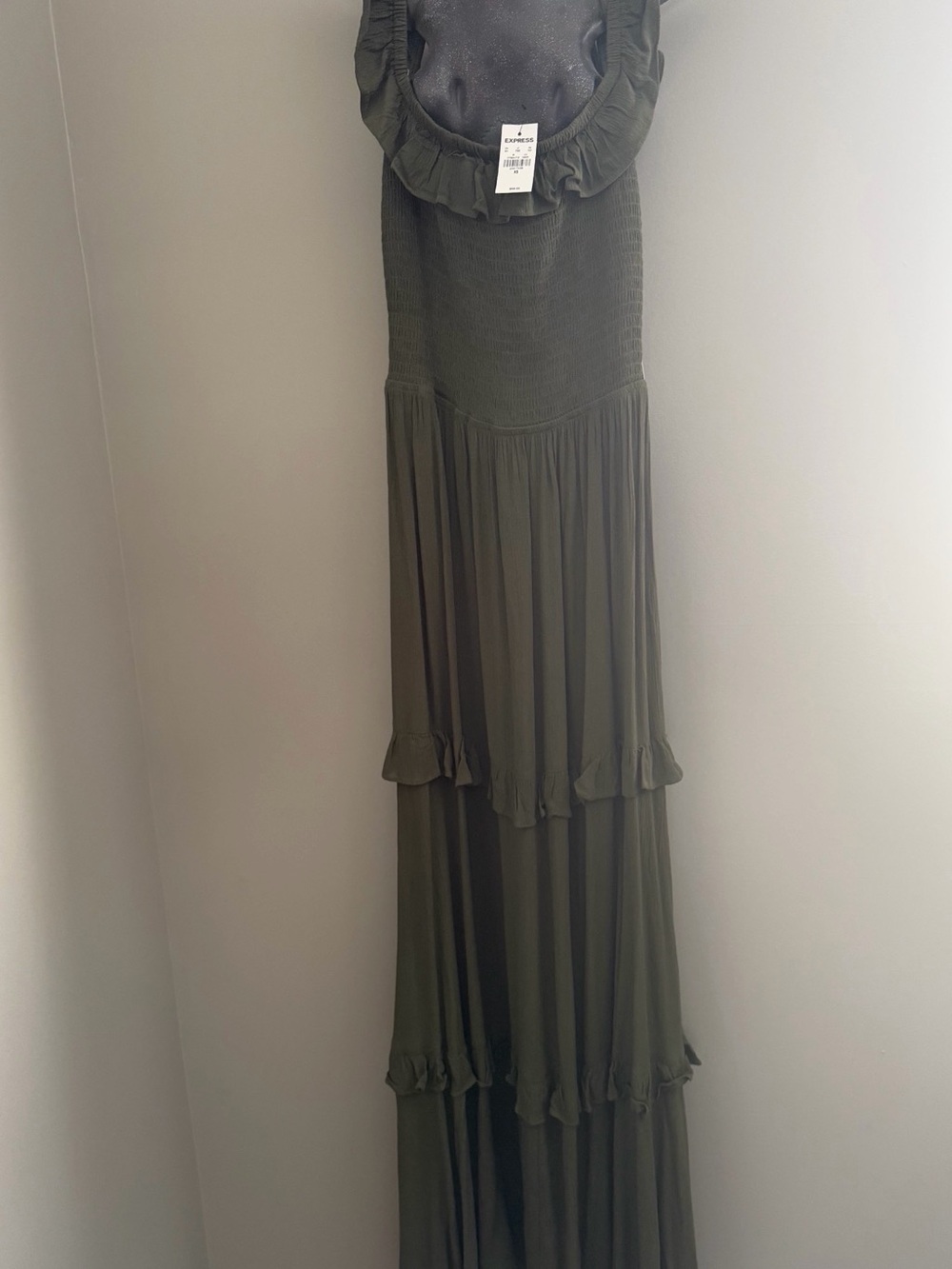 Express Olive Green Smocked Ruffle Maxi Dress